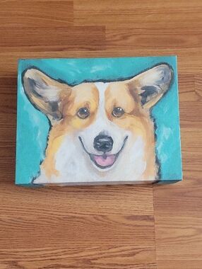 Corgi Portrait Canvas Painting - Teal Background